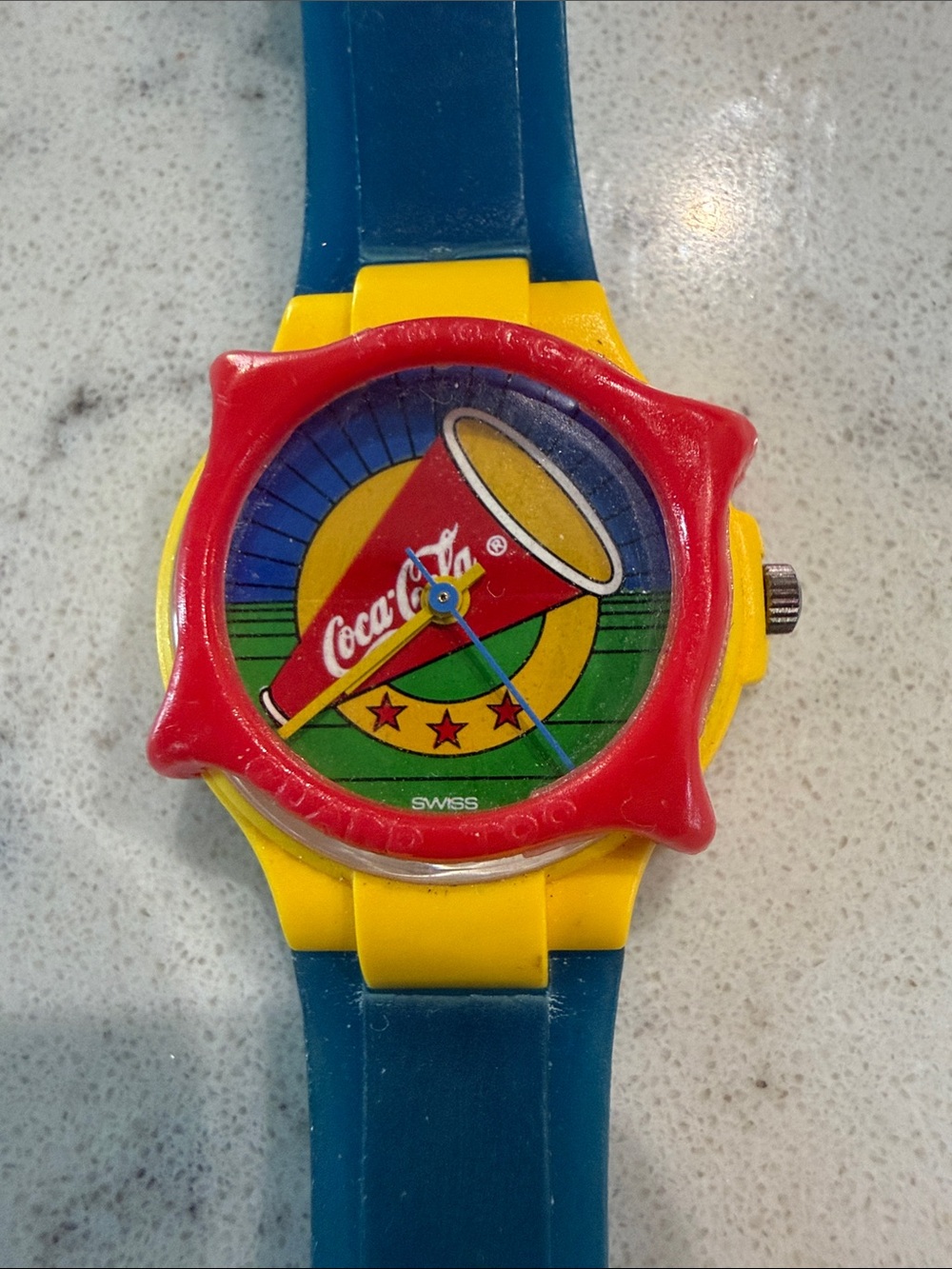Vintage SWATCH Coca-Cola Cheer Megaphone Silicone Strap Watch with Guard SMALL